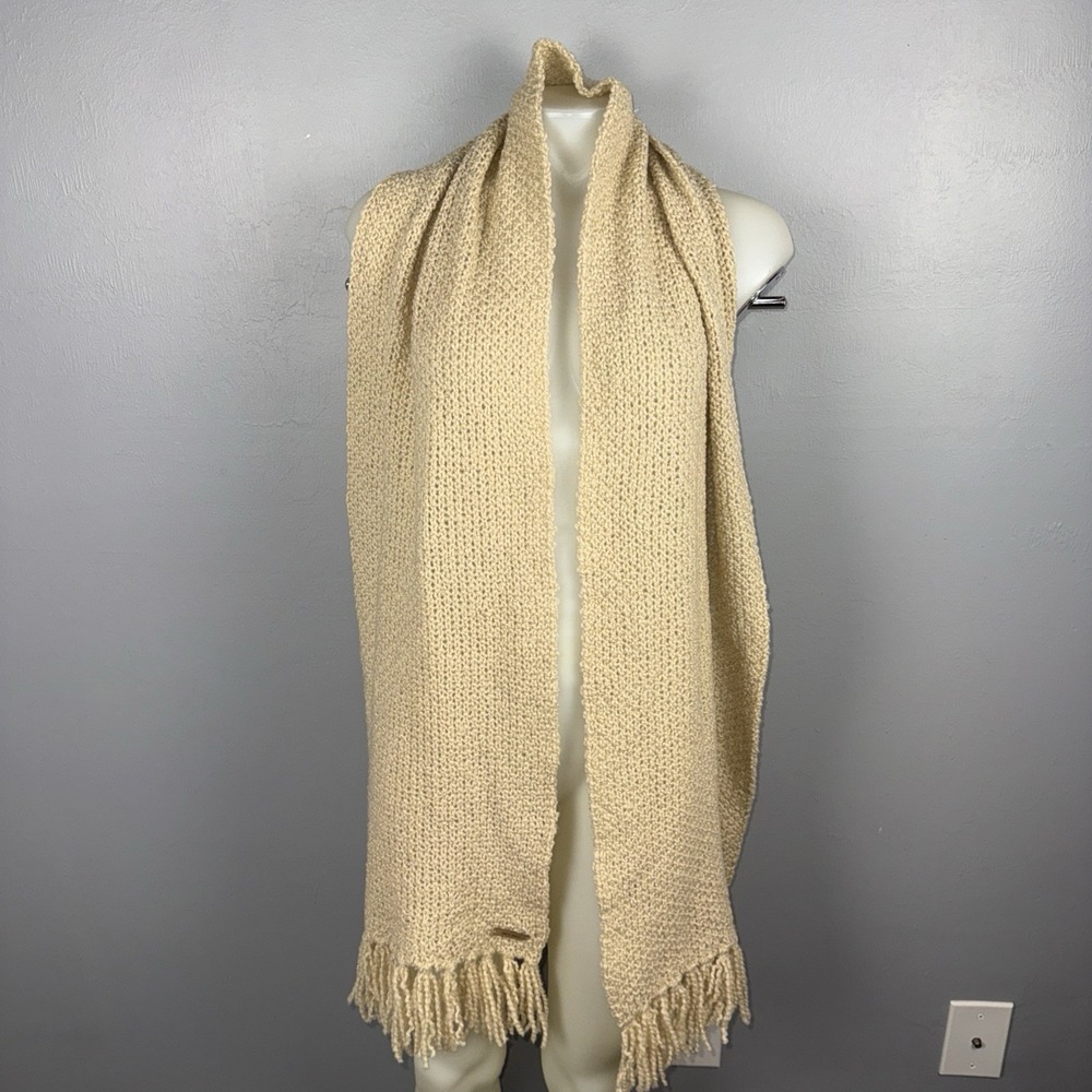 Pure Pure by Bauer Rectangular Scarf Beige Waffle Knitted Fringe 11.25"x 72"